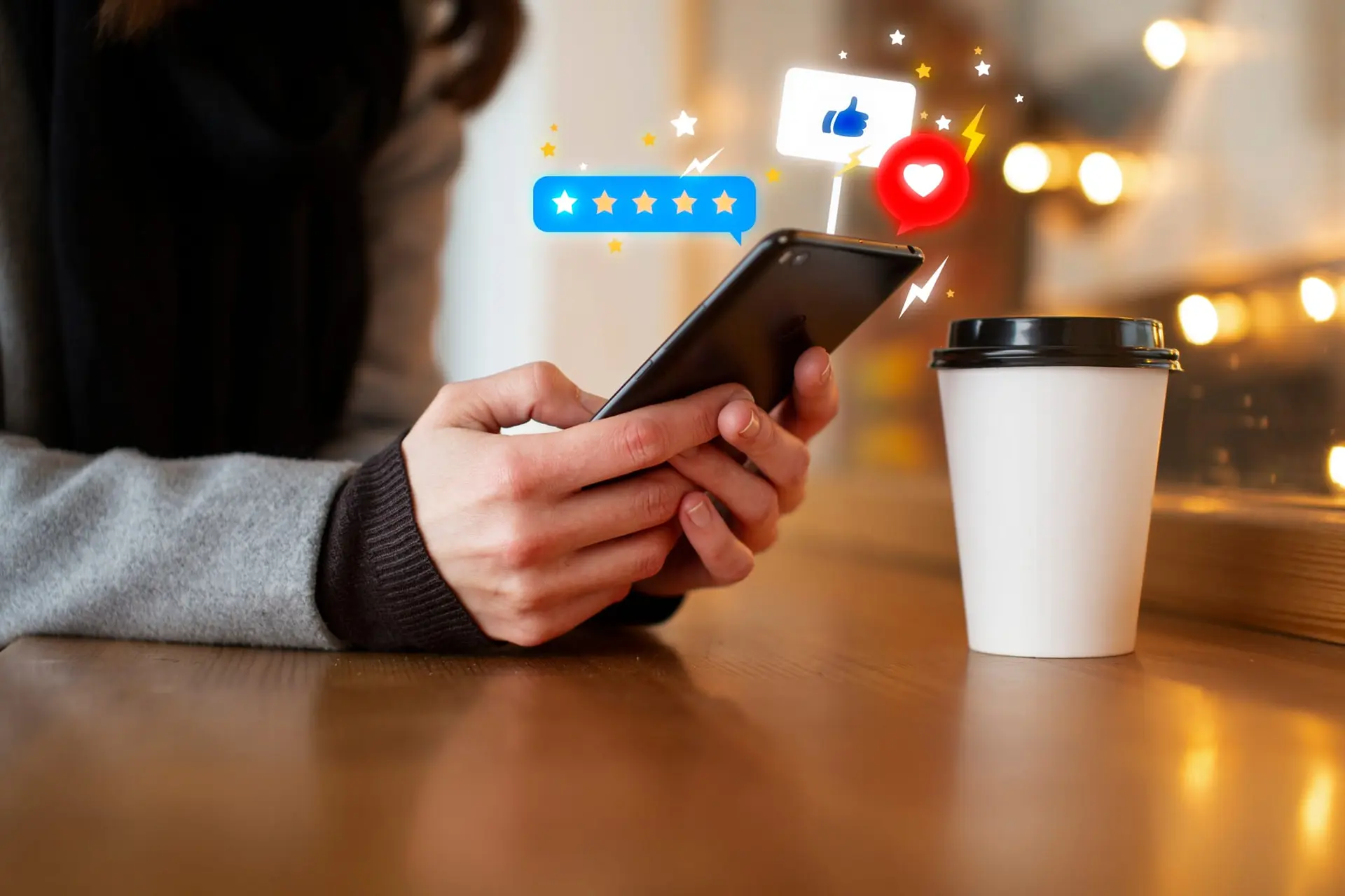 Hands holding a smartphone as five-star rating and like icons appear above the screen